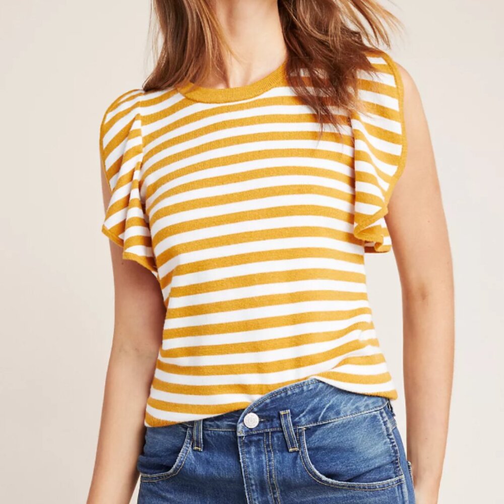 Anthropologie Jillian Flutter-Sleeved Stripe Thick Sweater Top